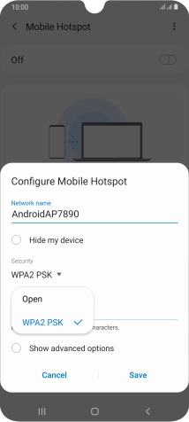 Press WPA2 PSK to password protect your WiFi hotspot.